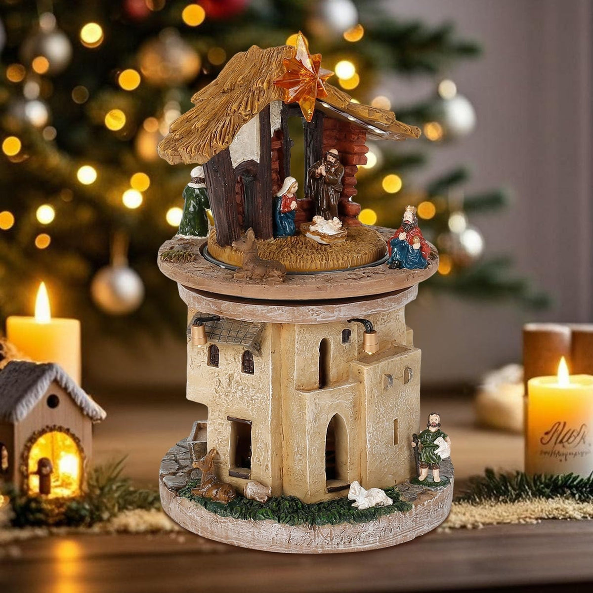 Christmas Nativity Scene Rotating Tower, Religious Holiday Decor with LED Warm Lights & Star of Bethlehem - product image 5
