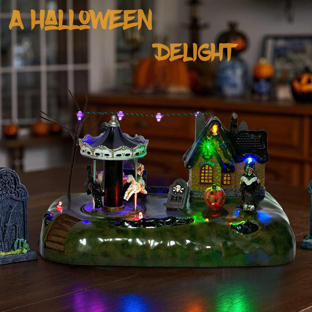 Halloween Village Animated Carousel With LED Witch Cottage, Spooky Carnival - product image 7