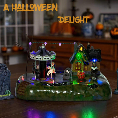 Halloween Village Animated Carousel With LED Witch Cottage, Spooky Carnival - product image 7