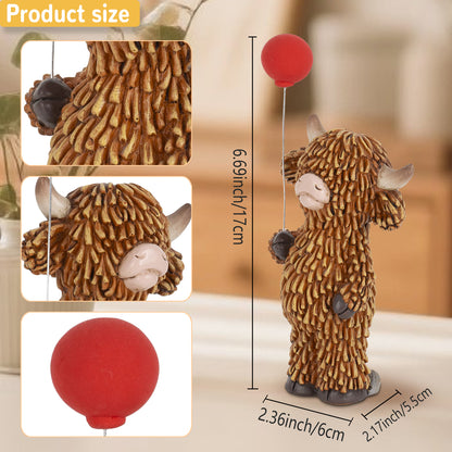 Cute Highland Cow Figurine with Red Balloon – Resin Desk Decor Statue - product image 3