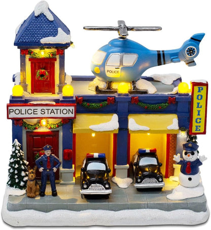 Christmas Village Musical Police Station with Rotating Helicopter & LED Lights - product image 2