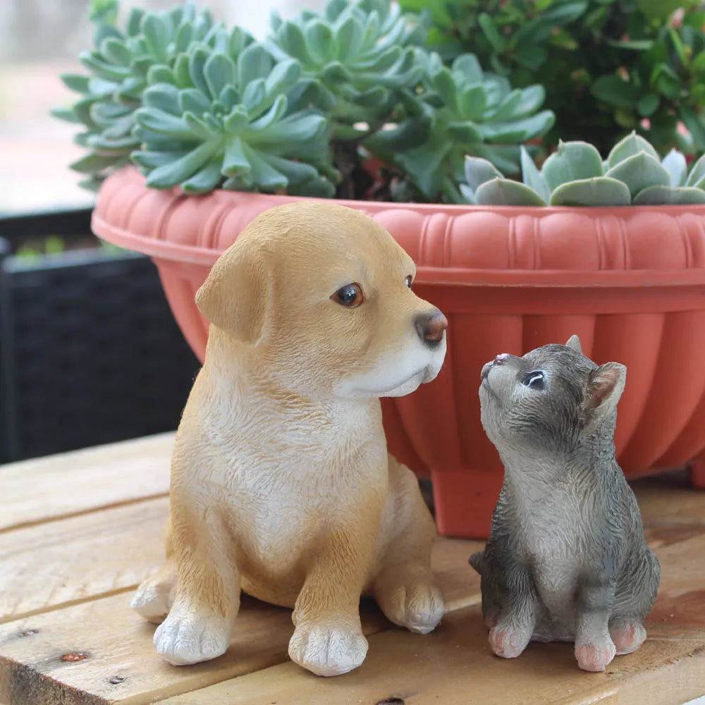 Resin Puppy and Kitten Figurines Cute Dog Cat Garden Statue Set