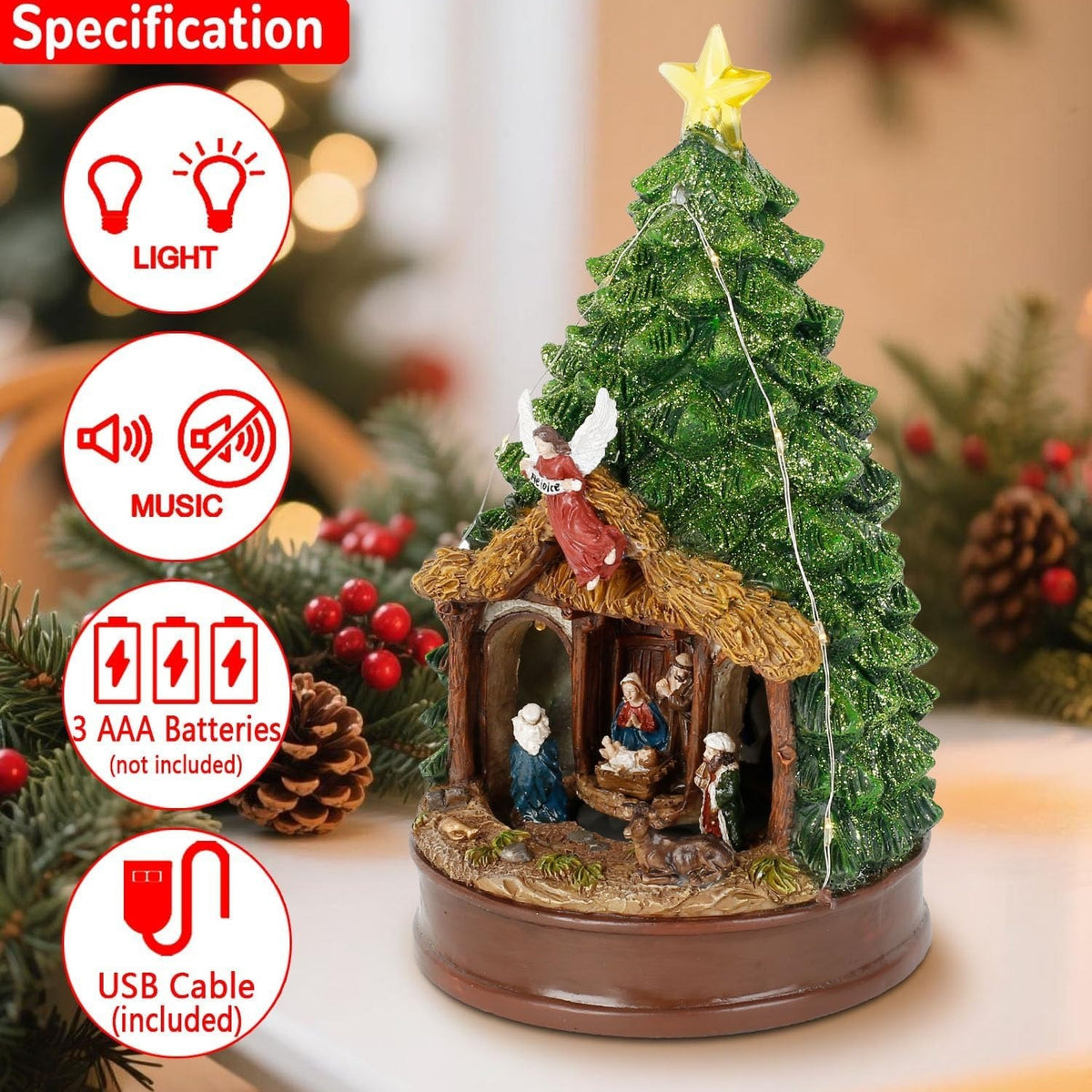 Christmas Tree LED Lighted Nativity Scene Tabletop Centerpiece with Angel & Star Topper - product image 4