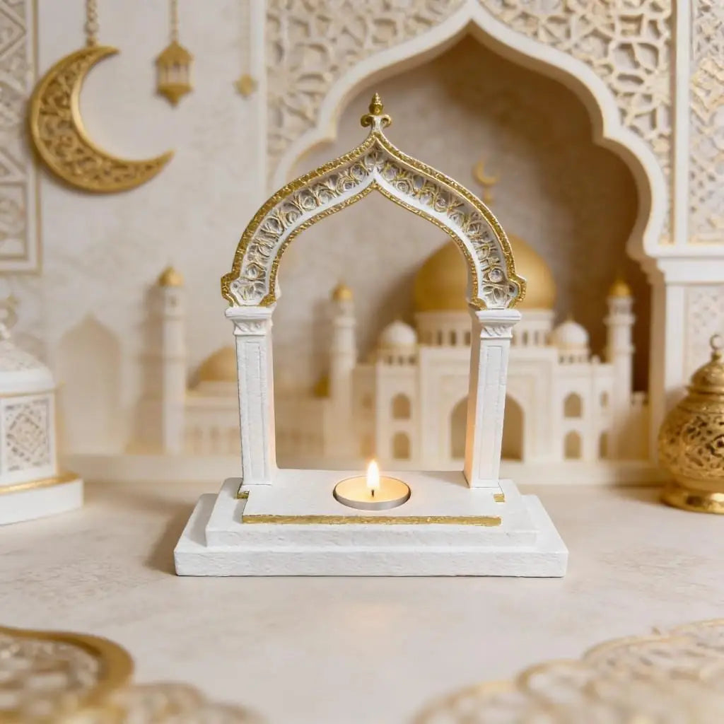 Ramadan Decoration Arch Candle Holder Islamic Style White & Gold Tealight Stand for Home Table Eid Mubarak Festival