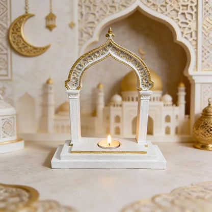 Ramadan Decoration Arch Candle Holder Islamic Style White & Gold Tealight Stand for Home Table Eid Mubarak Festival