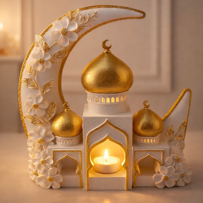 Islamic Moon Mosque Tealight Holder Decoration, Resin Eid Ramadan Table Decor with Candle Light for Muslim Home & Festival