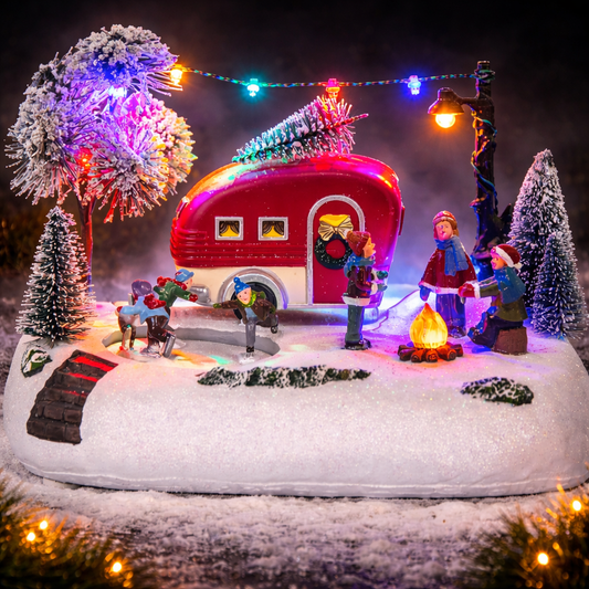 Christmas Village Animated RV Camping Scene with Moving Skaters & LED Campfire, Winter Outdoor Decor | innodept12