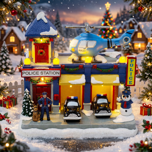 Christmas Village Musical Police Station with Rotating Helicopter & LED Lights