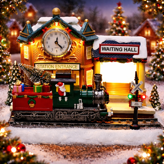 Christmas Village LED Musical Train Station with Moving Train ＆ Working Clock