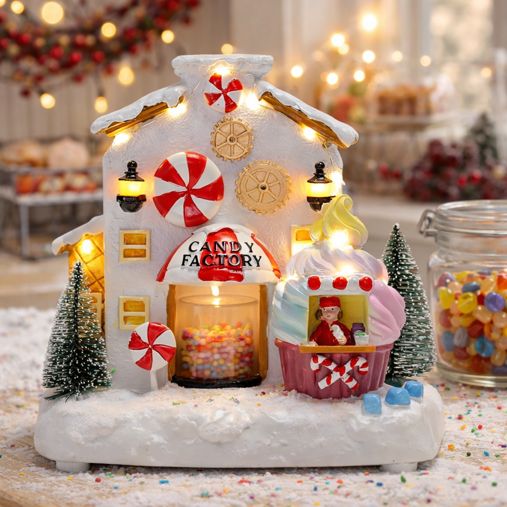 Christmas Village Musical Candy Factory with Rotating Sweets & LEDs