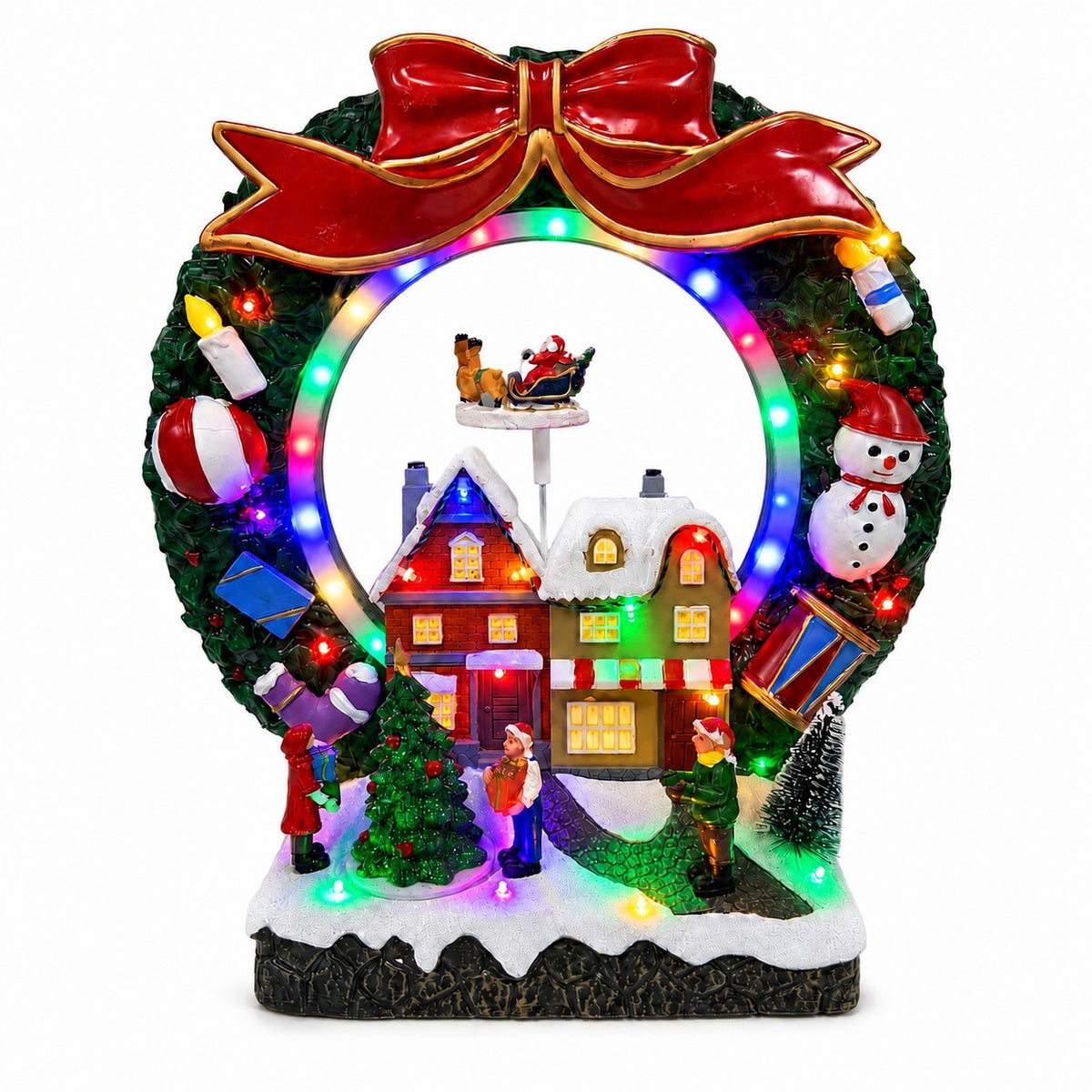 Christmas village lighted wreath with Santa sleigh, snowman, red bow and multicolor lights