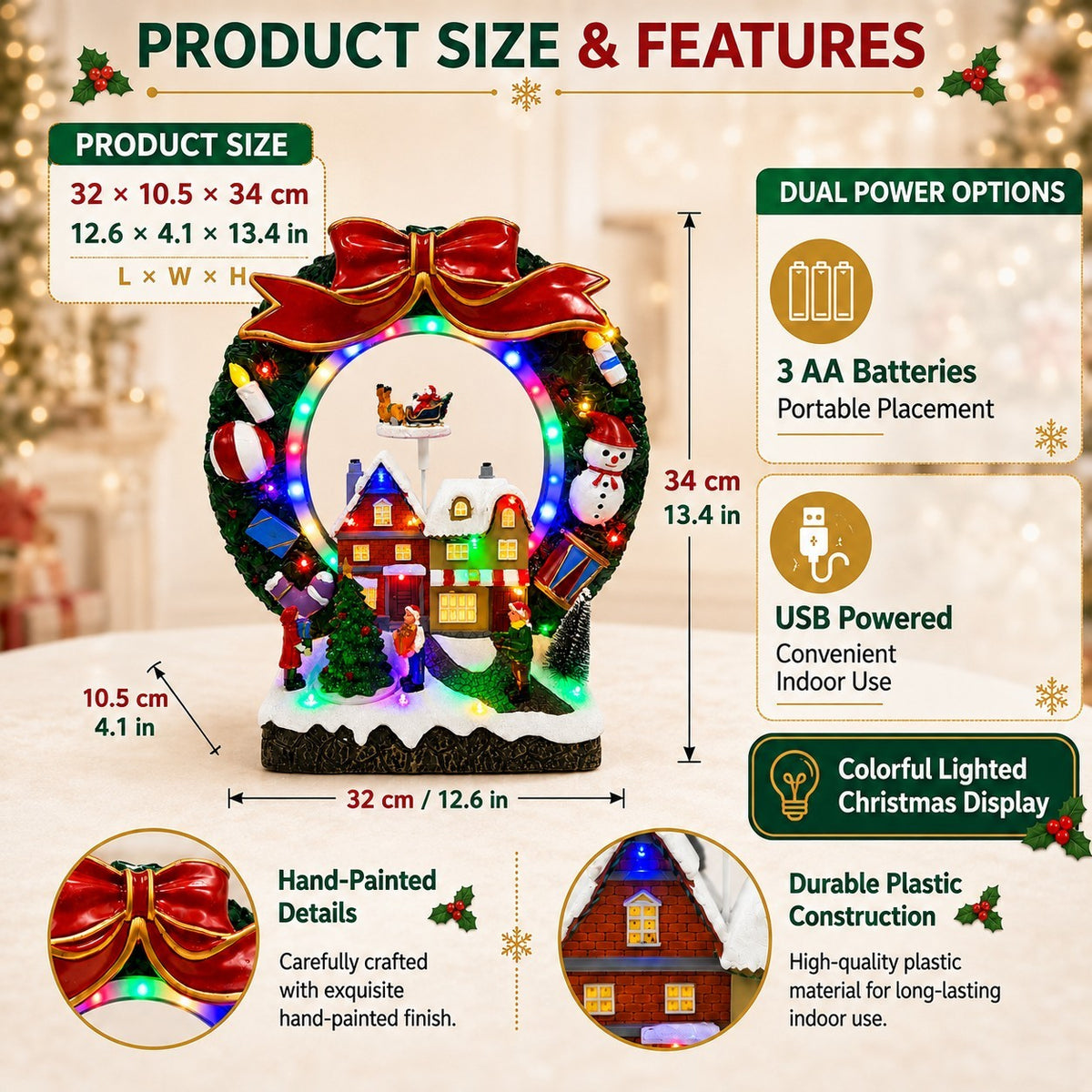 13.4-inch Christmas village wreath decoration displayed on a mantel beside a Christmas tree