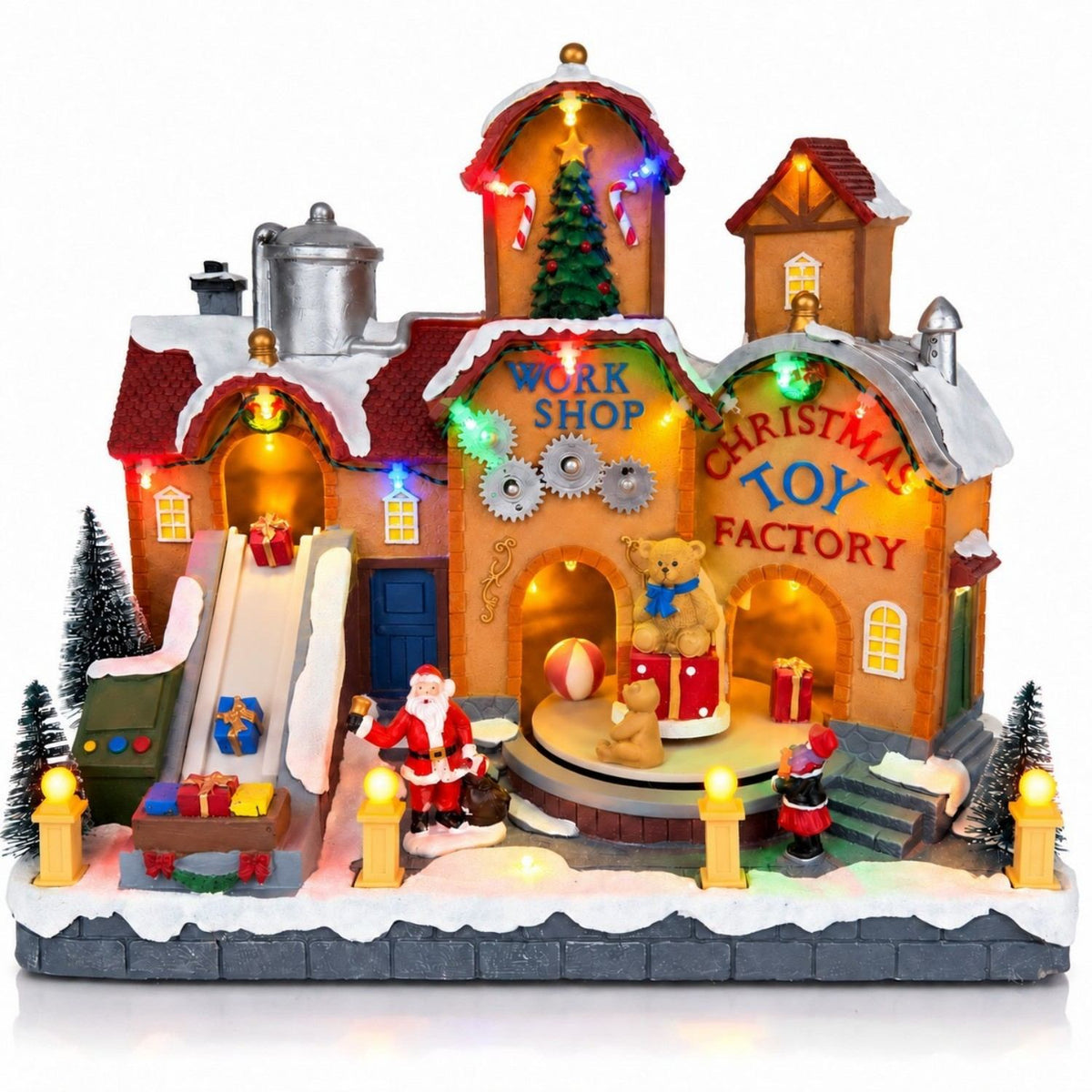 Musical Christmas village toy factory with rotating gifts, teddy bears and multicolor LED lights
