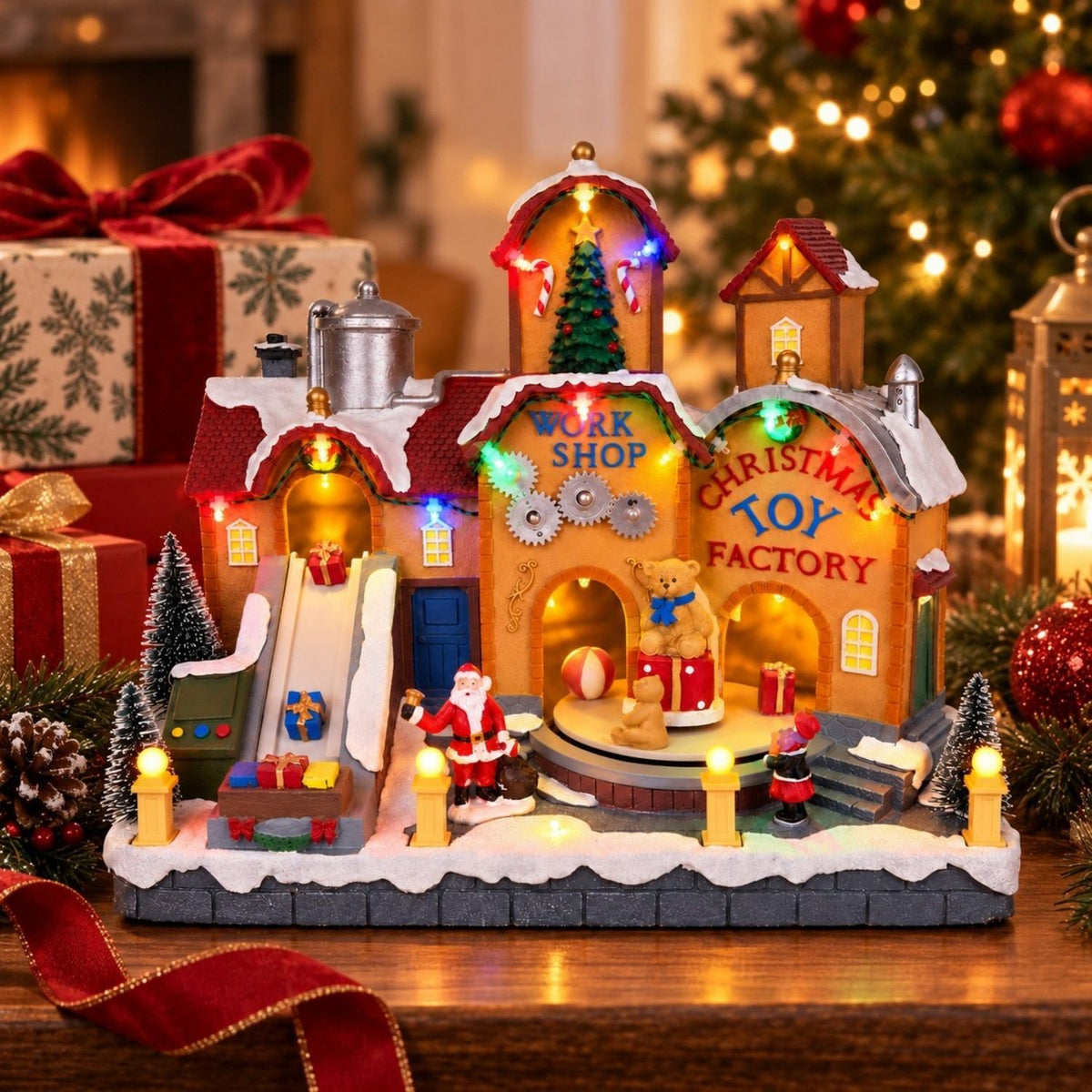 Musical Christmas village toy factory with rotating gifts, teddy bears and multicolor LED lights
