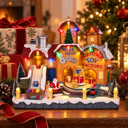 Musical Christmas village toy factory with rotating gifts, teddy bears and multicolor LED lights
