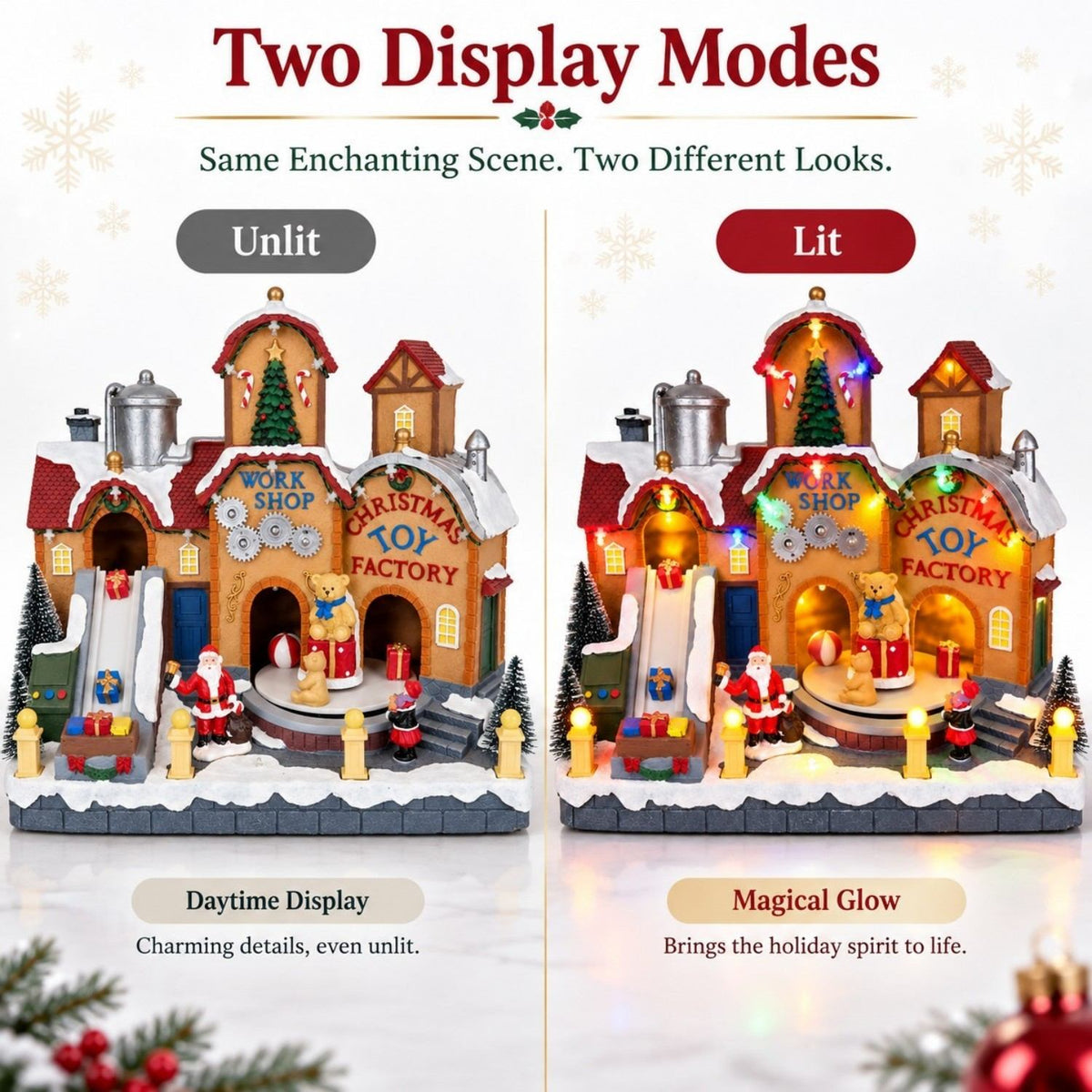 Lighted and unlit comparison of animated musical Christmas village toy factory decoration
