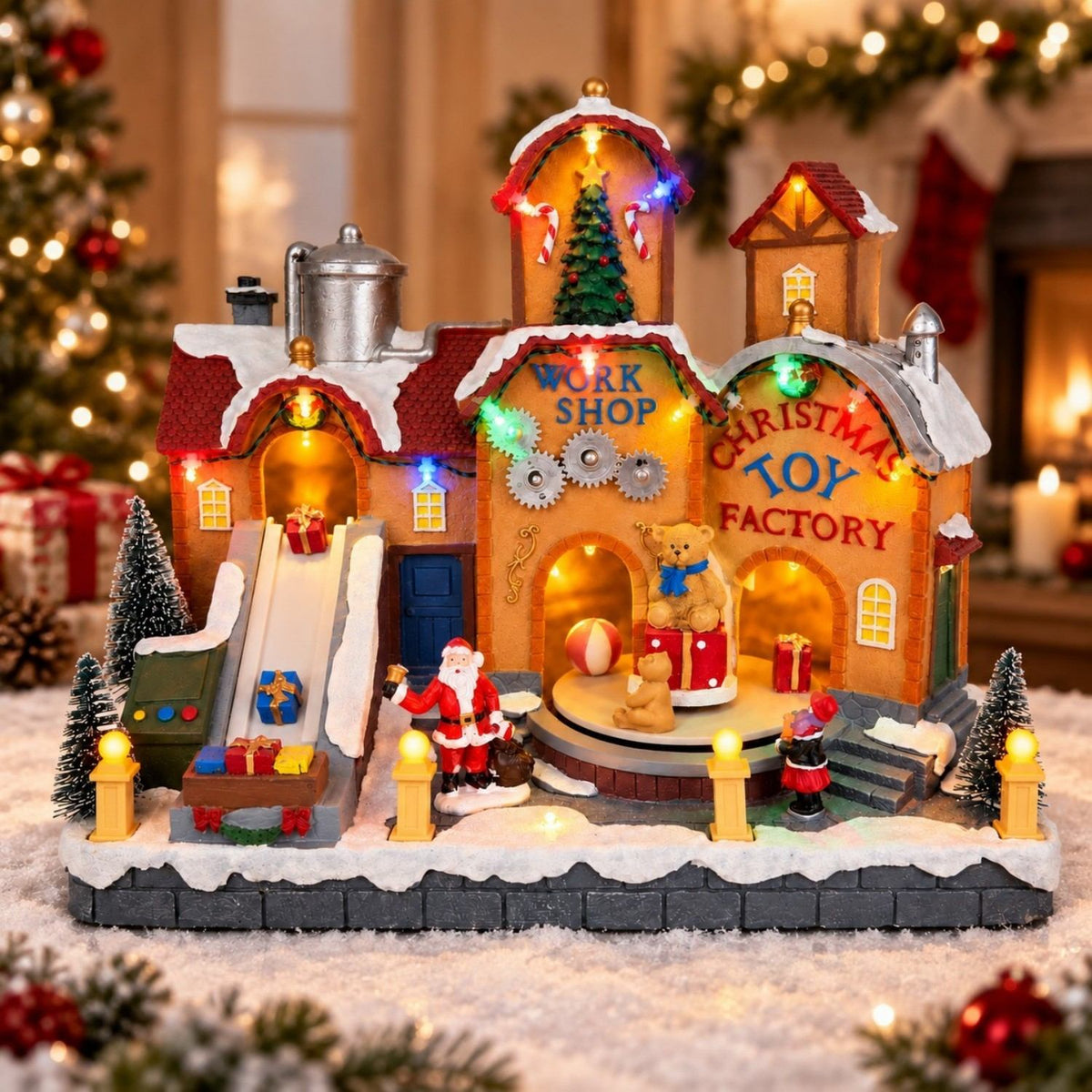 Lighted and unlit comparison of animated musical Christmas village toy factory decoration
