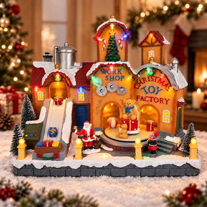 Lighted and unlit comparison of animated musical Christmas village toy factory decoration
