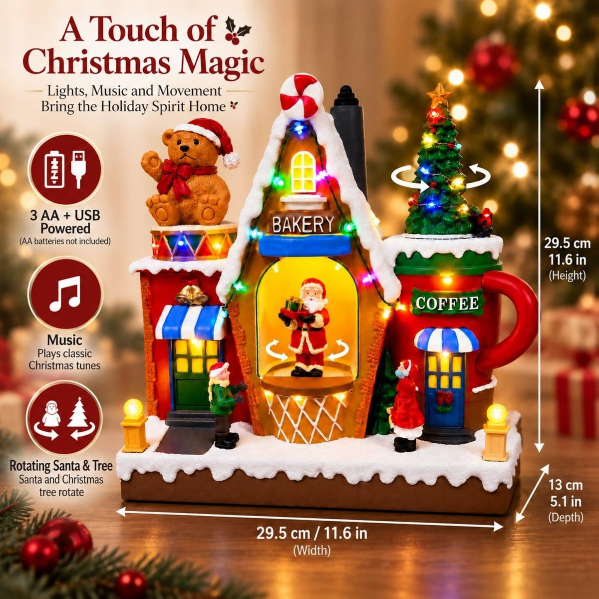 11.6-inch lighted Christmas village decoration with bakery, coffee shop and rotating holiday figures
