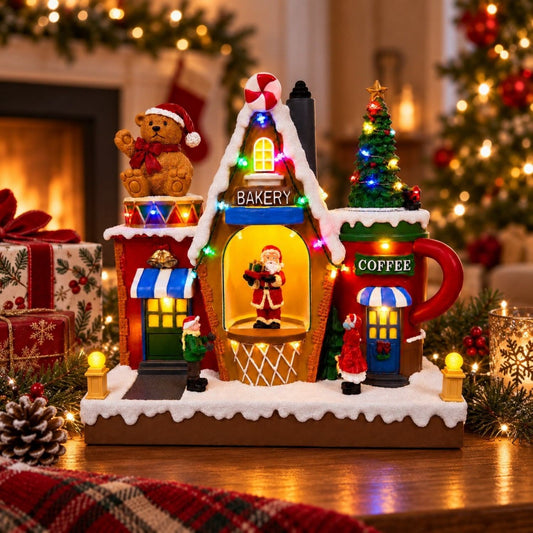 Musical Christmas village bakery and coffee shop with rotating Santa, Christmas tree and multicolor LED lights
