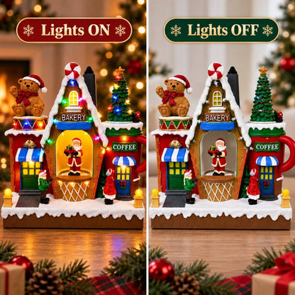 Lighted and unlighted comparison of musical Christmas village bakery decoration with rotating Santa
