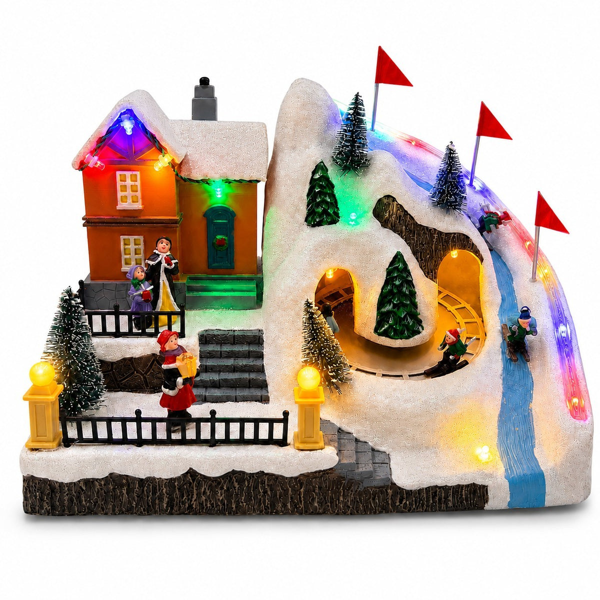 Animated Christmas village ski slope with moving figures, snowy house and colorful LED lights