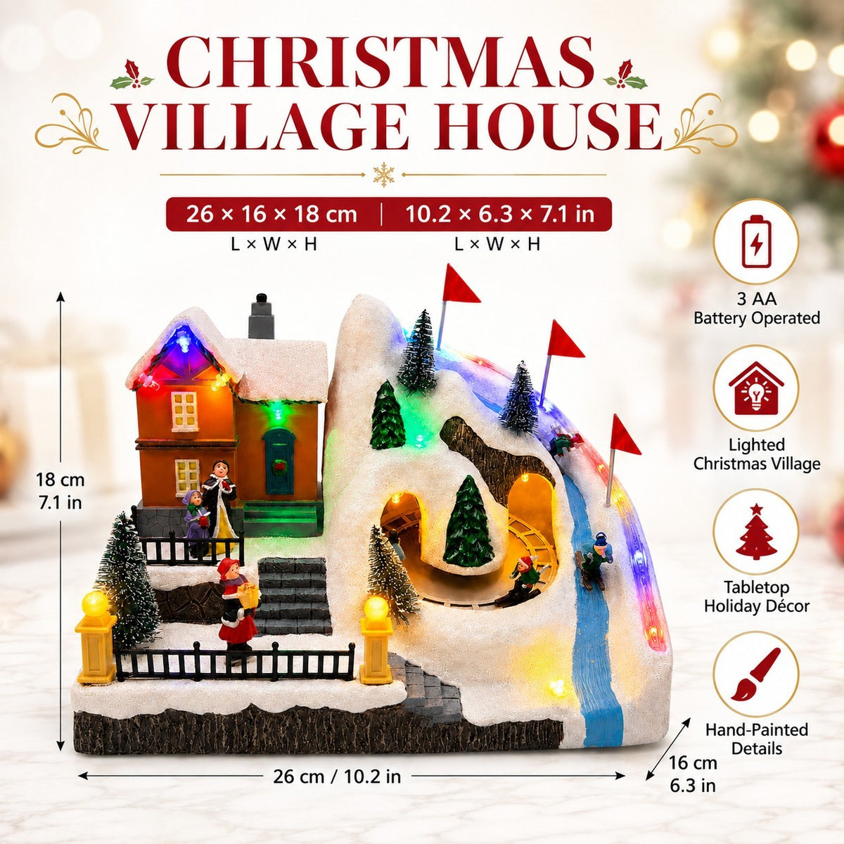 10.2-inch lighted Christmas village displayed on a windowsill with skiing and sledding figures