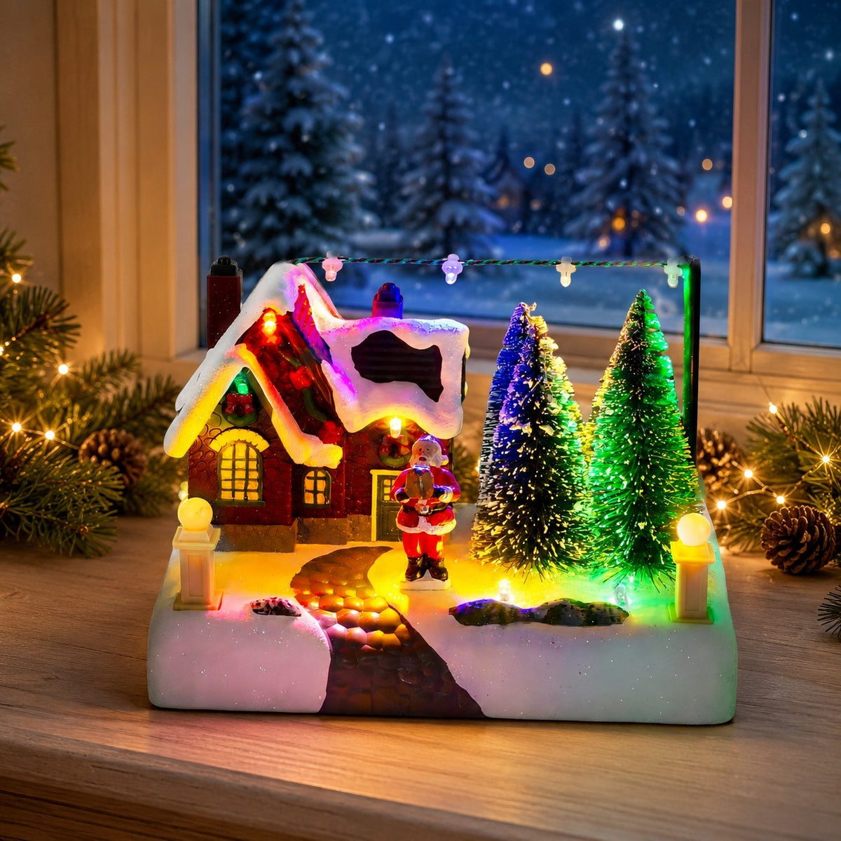 Lighted resin Christmas village house with Santa displayed on a festive indoor tabletop