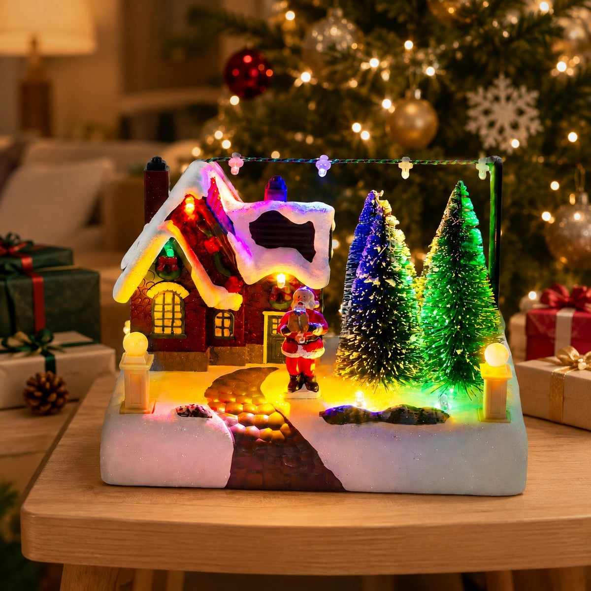Christmas Village House with Lights, Santa & Trees, 6.7-Inch Resin Tabletop Decor