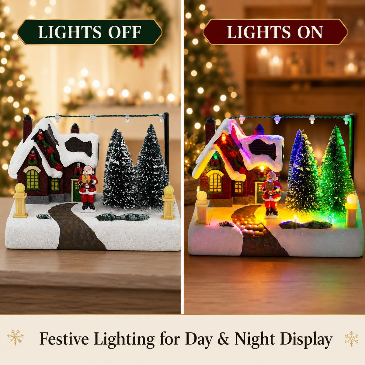 Christmas village house shown with lights off and multicolor lights on for day and night display