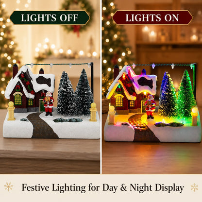 Christmas village house shown with lights off and multicolor lights on for day and night display