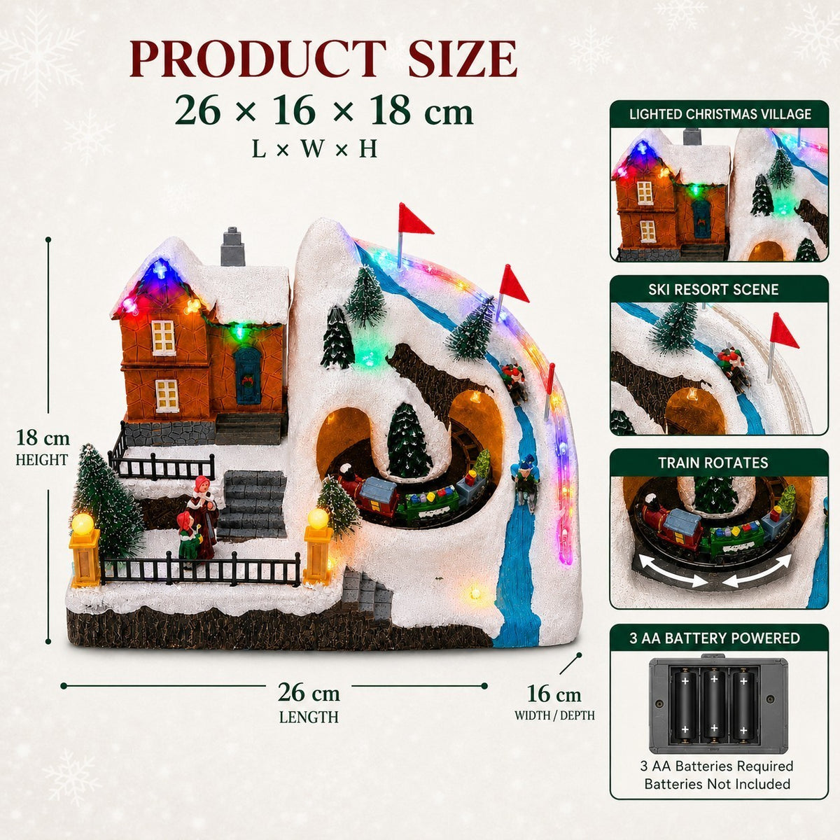 Christmas village dimensions of 26 by 16 by 18 cm with moving train, colorful lights and 3 AA battery power