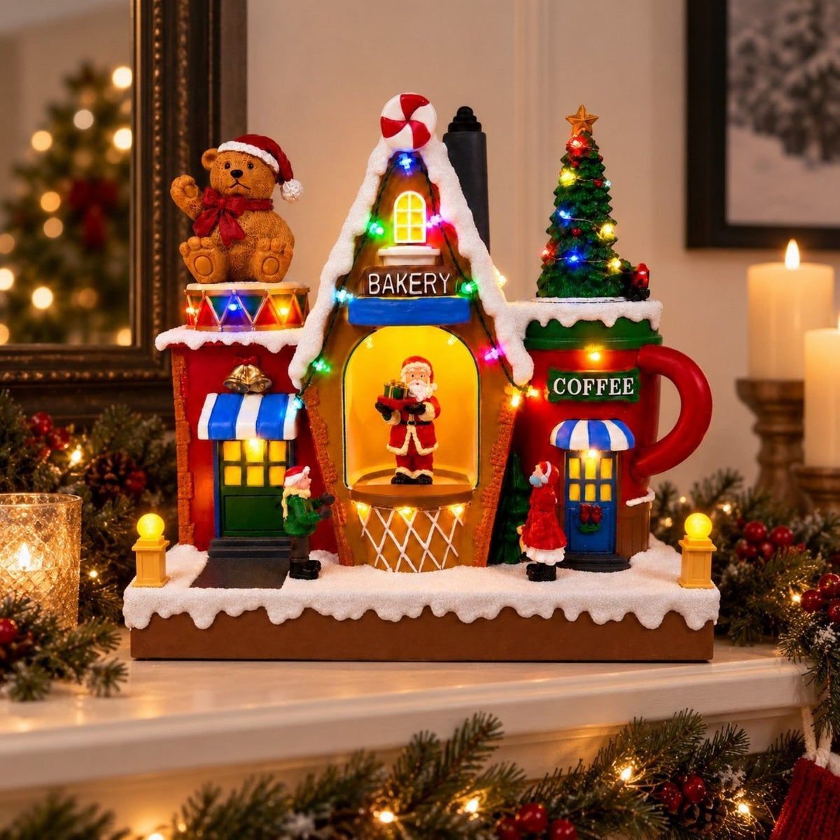 Lighted and unlighted comparison of musical Christmas village bakery decoration with rotating Santa

