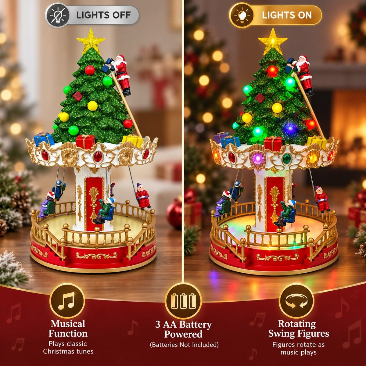 Christmas musical tree shown with lights off and multicolor lights on in a holiday tabletop display