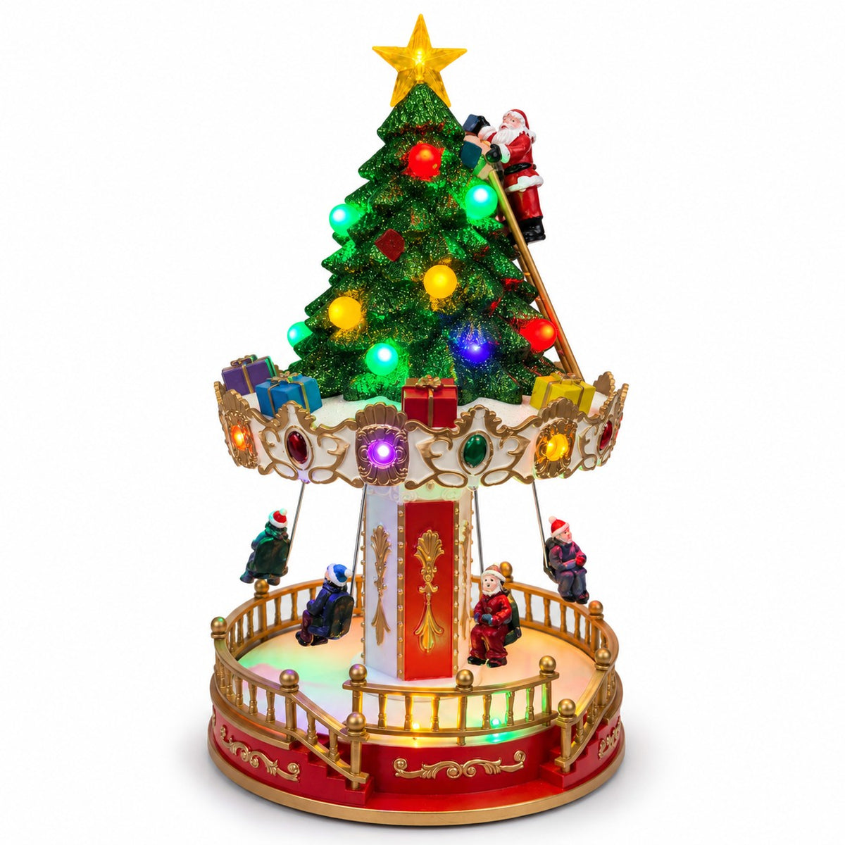Lighted Christmas village tree with wrapped gifts, swing figures and Santa beside a ladder