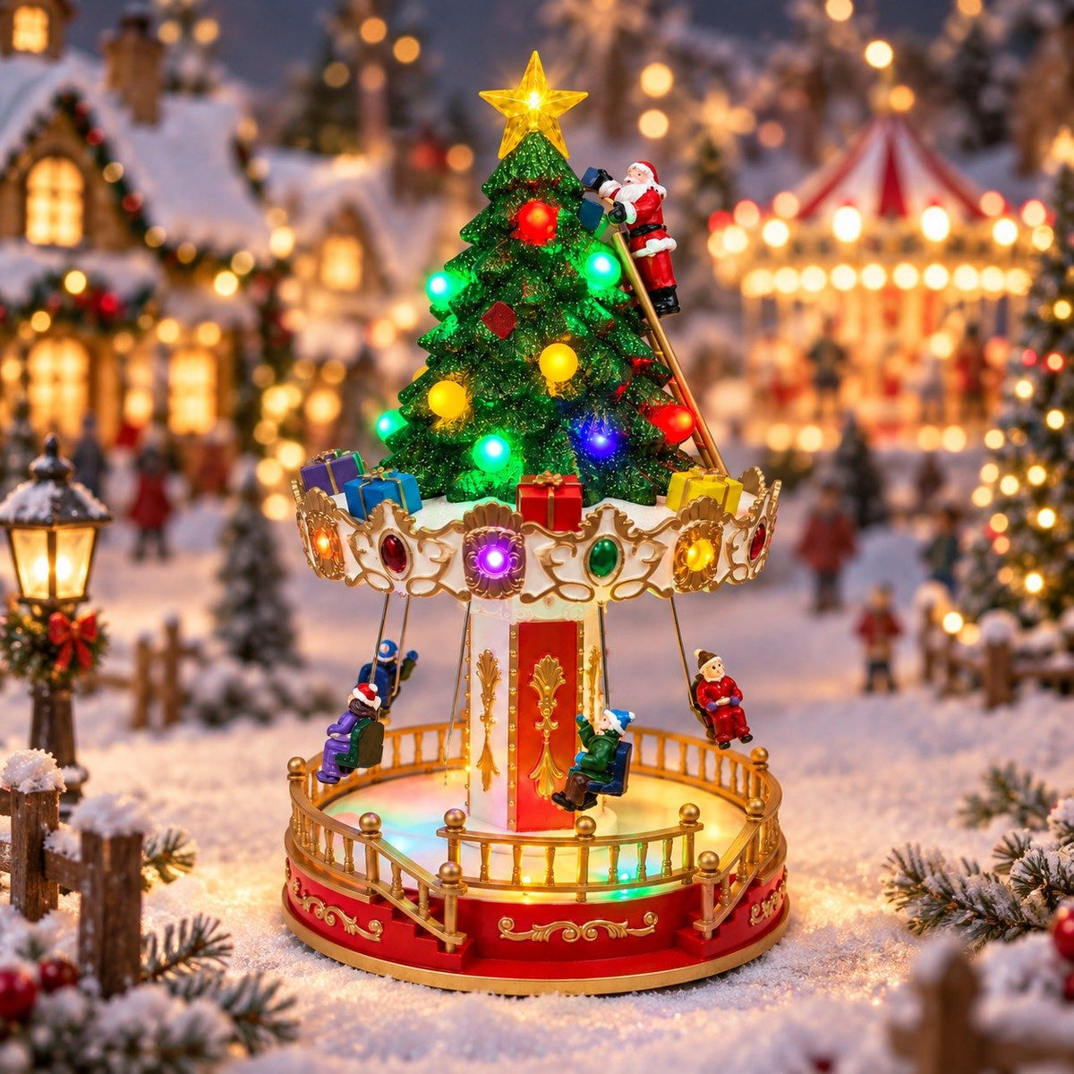 Christmas village musical tree with rotating swing figures, Santa and multicolor LED lights