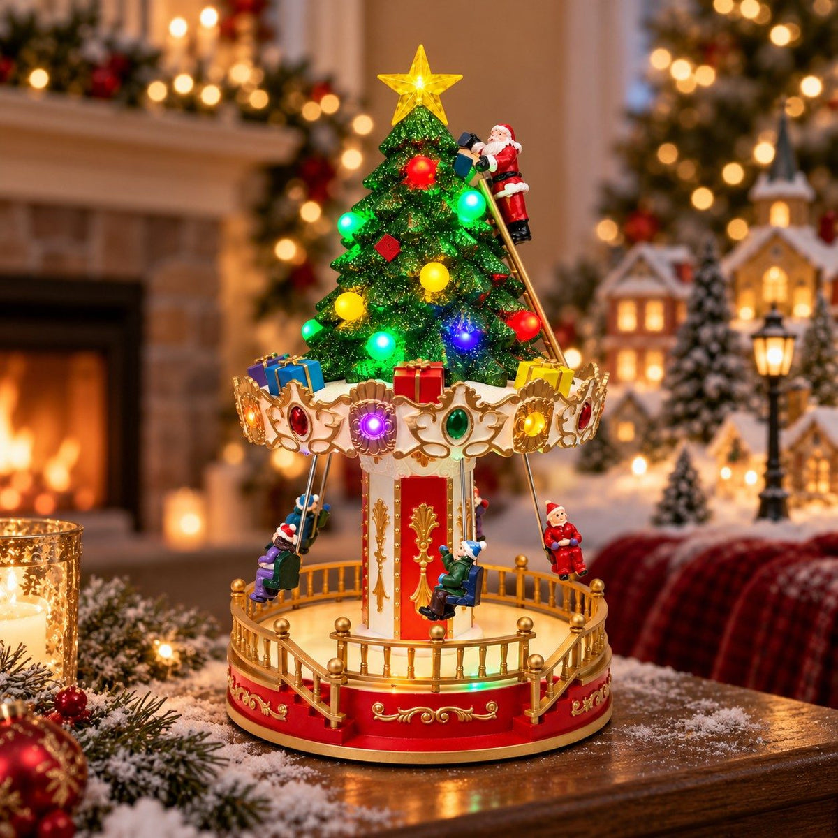Christmas Village Musical Tree with Rotating Swings & LED Lights, 13.4-Inch Tabletop Decor