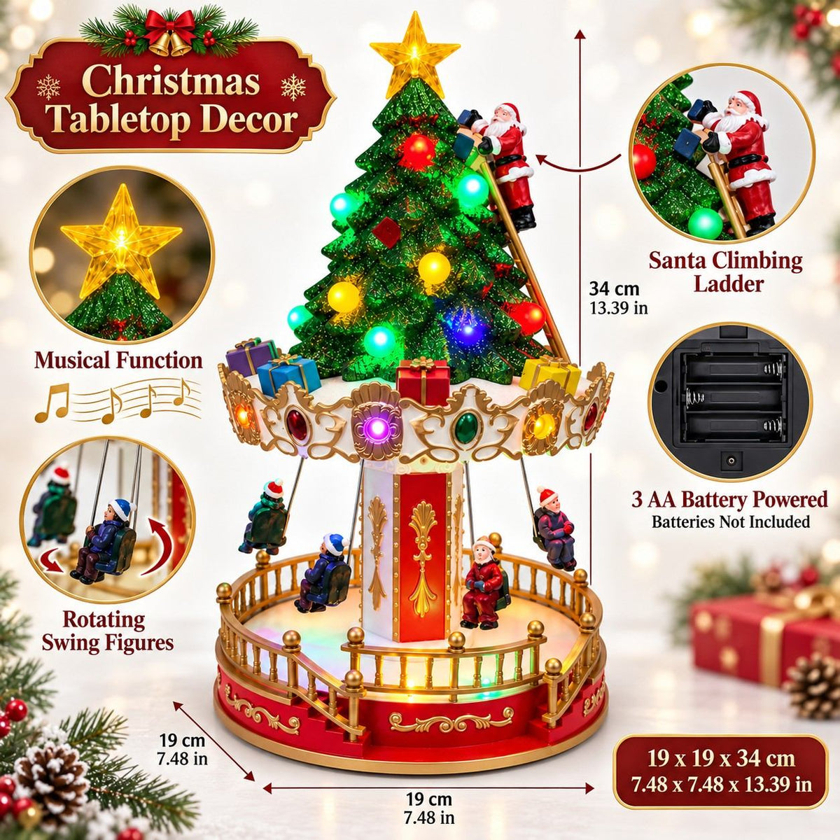 13.39-inch animated Christmas tree tabletop decoration with musical function and rotating swings