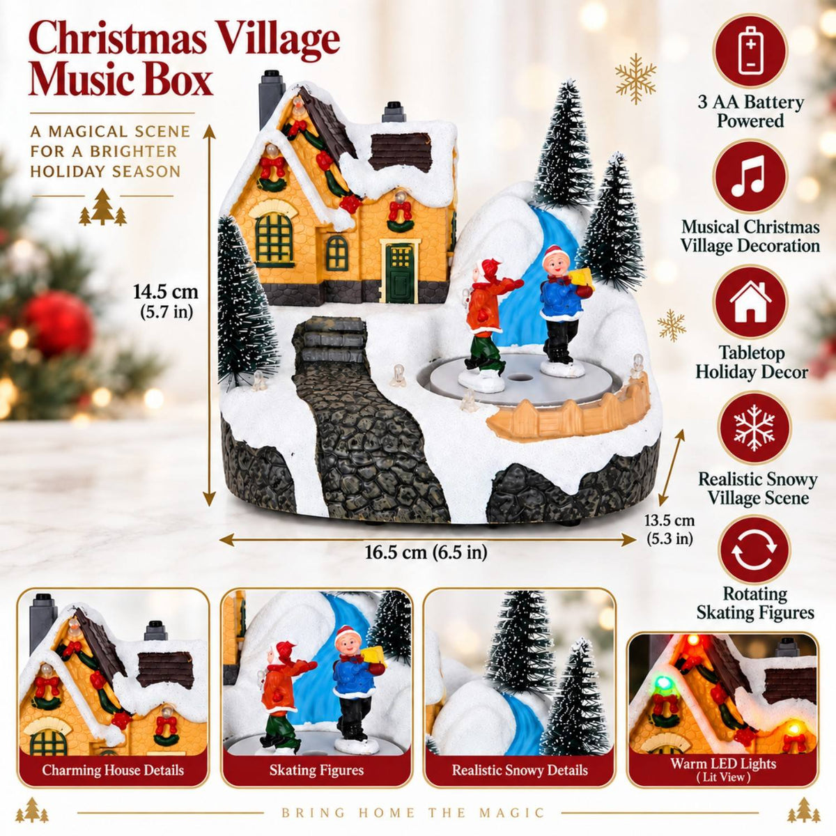 6.5-inch lighted Christmas village house with two rotating skaters and snow-covered trees
