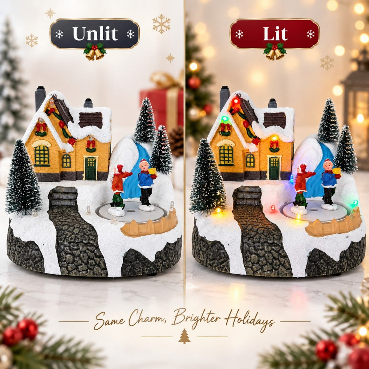 Lighted and unlit comparison of musical Christmas village house with rotating skating figures
