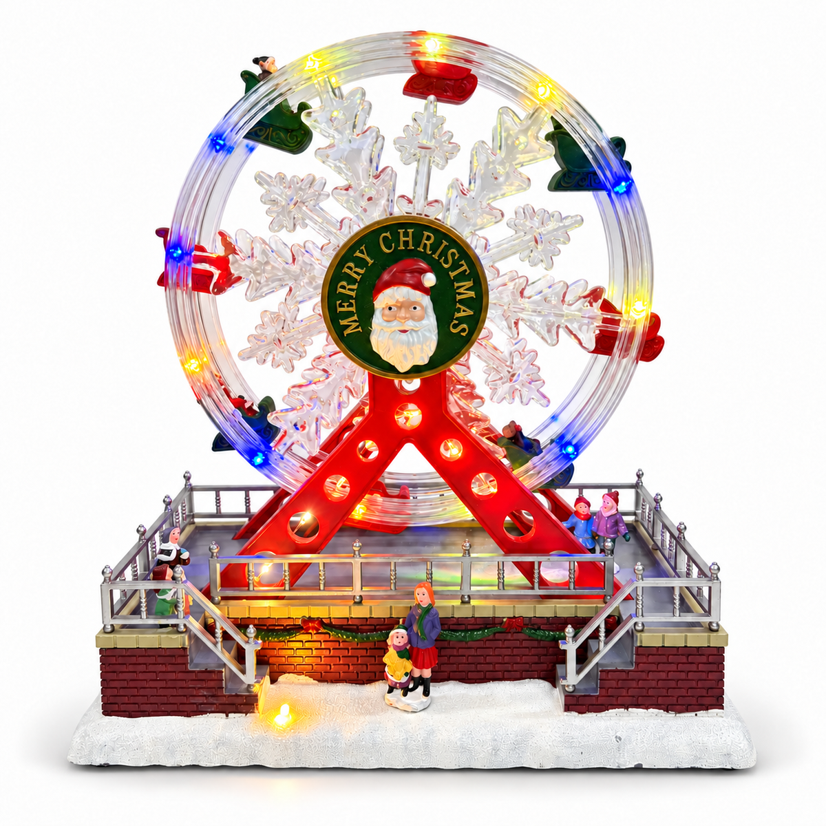 Musical Christmas village Santa Ferris wheel with clear snowflake details and colorful lights on a white background