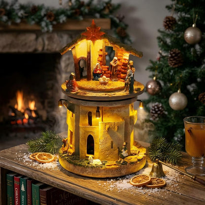 Christmas Nativity Scene Rotating Tower, Religious Holiday Decor with LED Warm Lights & Star of Bethlehem
