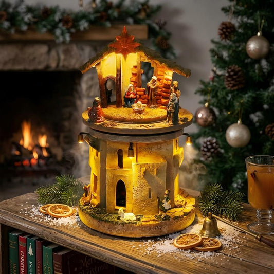 Christmas Nativity Scene Rotating Tower, Religious Holiday Decor with LED Warm Lights & Star of Bethlehem