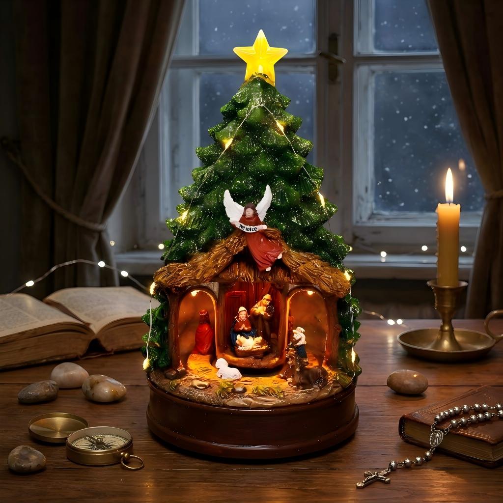 Christmas Tree LED Lighted Nativity Scene Tabletop Centerpiece with Angel & Star Topper