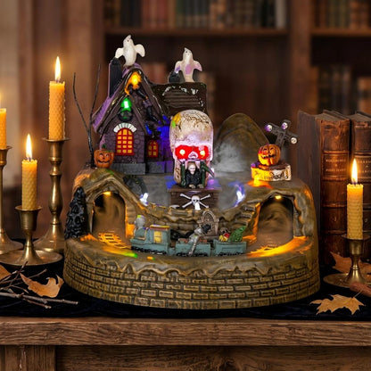 Halloween Spooky Village Animated Castle with Rotating Skeleton Train & LED Lights