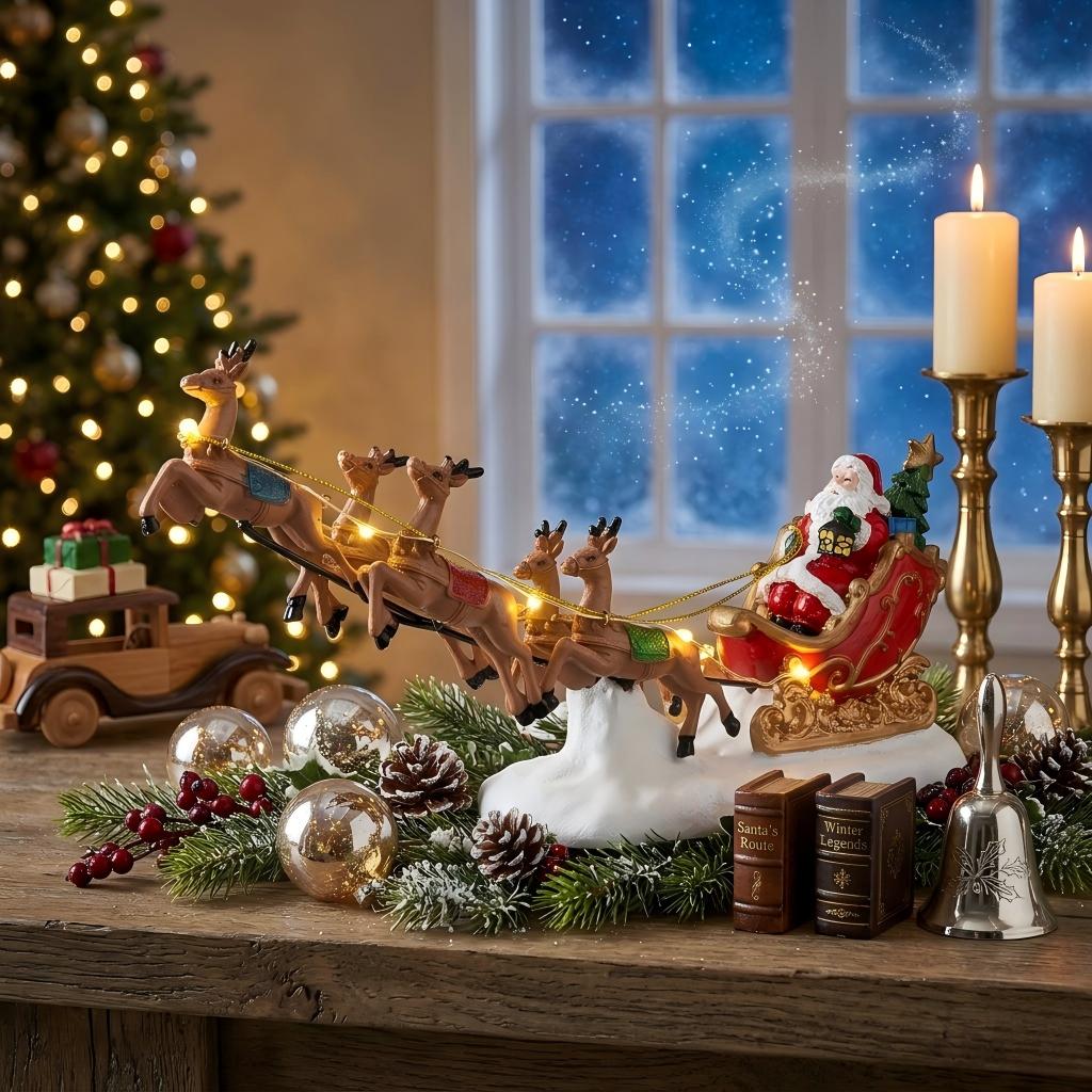 Christmas Lighted Santa Claus Sleigh with 5 Reindeers Flying