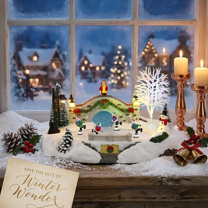 Christmas Village Animated Ice Skating Rink with LED Lights ＆ Music