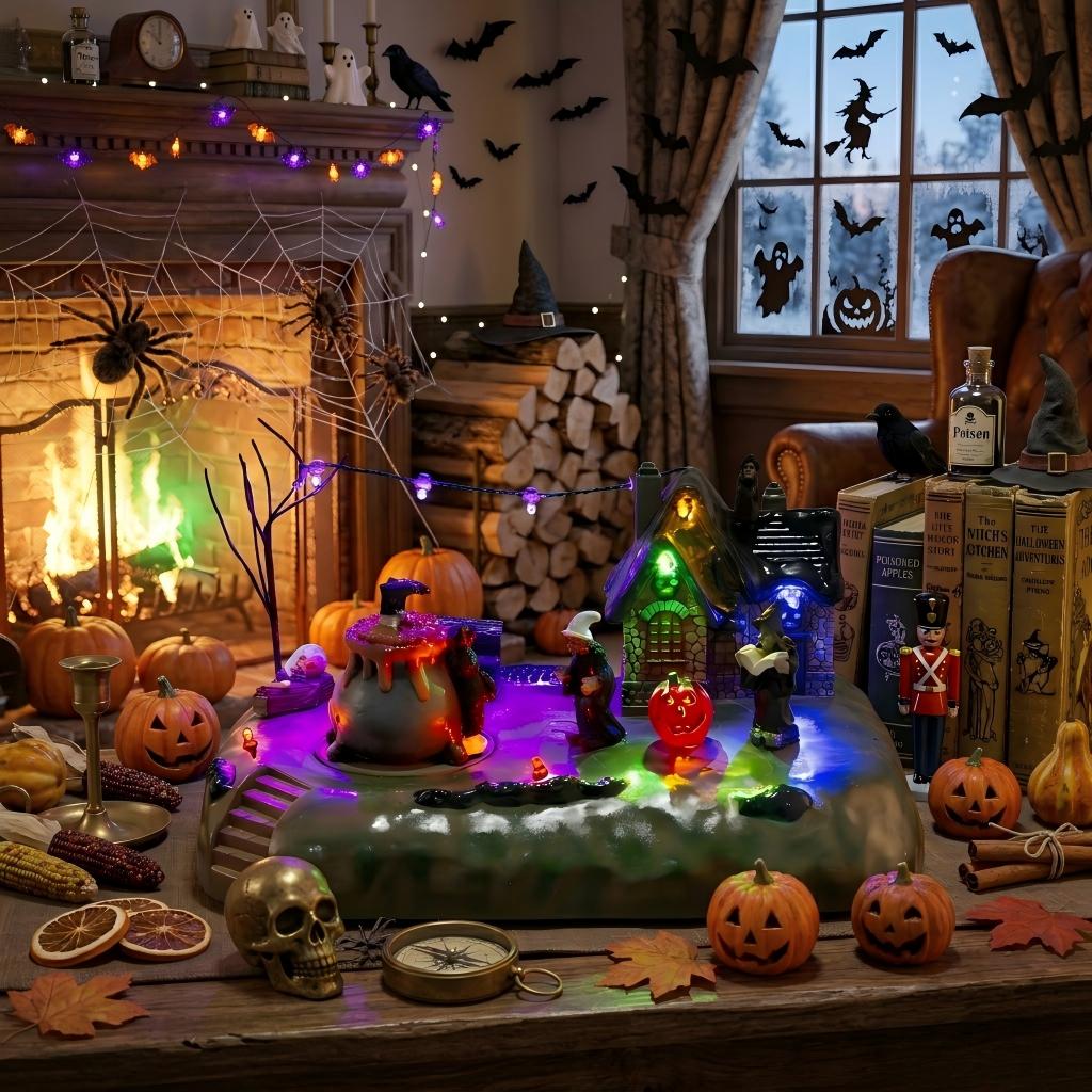 Halloween Village Animated Witch Cauldron & Haunted House With Music