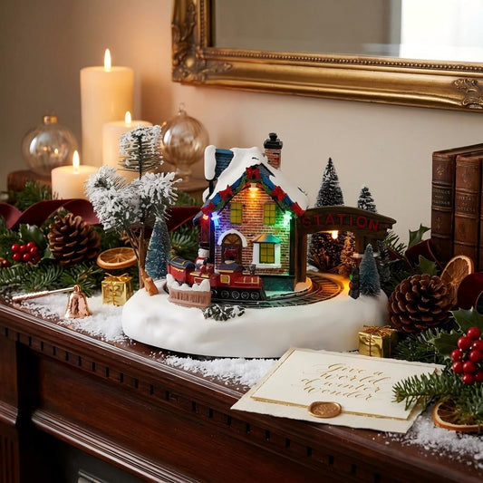Christmas Village Animated Train Station With LED Lights ＆ Music