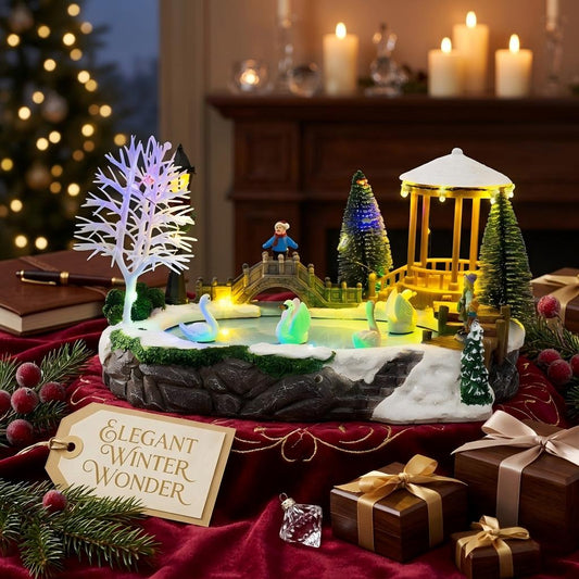 Christmas Village Musical Pond with Moving Swans & LED Lights